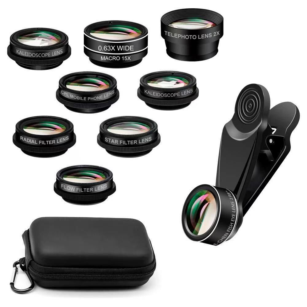 15-in-1 kit with multiple special effects functions, compatible with iPhone and Android smartphones. Includes: 198 fisheye, 0.63x wide angle, 15x macro, 2x telephoto, CPL polarizer, kaleidoscope lens, star filter, mist filter, radial filter, split zone fi