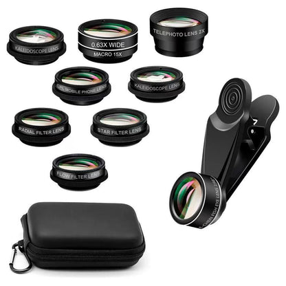 15-in-1 kit with multiple special effects functions, compatible with iPhone and Android smartphones. Includes: 198 fisheye, 0.63x wide angle, 15x macro, 2x telephoto, CPL polarizer, kaleidoscope lens, star filter, mist filter, radial filter, split zone fi