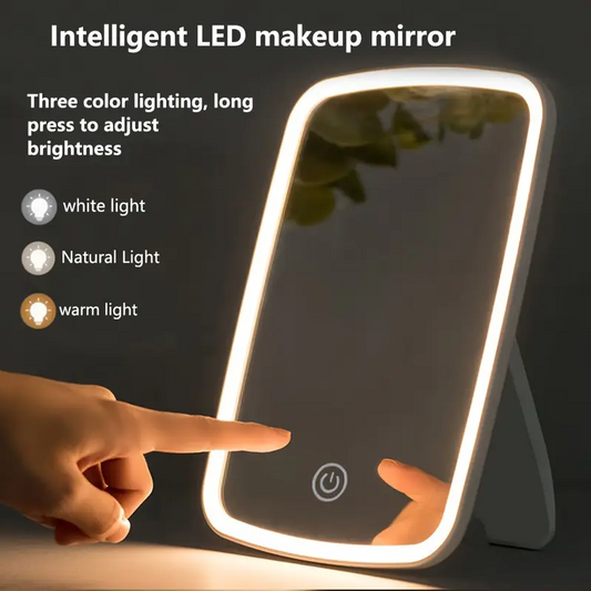 Portable LED light strip makeup mirror, very suitable for home, travel and office use. High-definition mirror surface, metal frame, intelligent touch button, three-color light switching, adjustable brightness, USB power supply