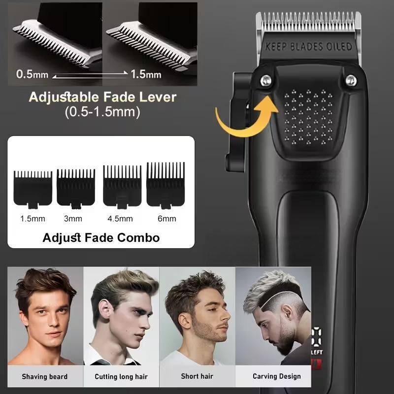 electric hair clipper two-piece set features a trendy and convenient design to meet the needs of family haircuts.   It is safe and easy to operate, providing powerful and precise trimming for styling, beard and sideburns care.   It can easily create an el