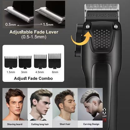 electric hair clipper two-piece set features a trendy and convenient design to meet the needs of family haircuts.   It is safe and easy to operate, providing powerful and precise trimming for styling, beard and sideburns care.   It can easily create an el