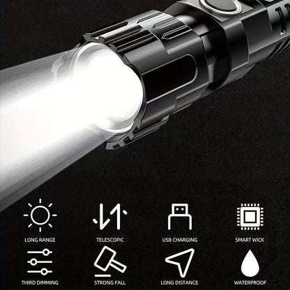 1 USB rechargeable flashlight, ultra-bright LED handheld outdoor emergency light, with telescopic zoom, wide beam, 1800mAh lithium battery, 150 lumens, suitable for camping, hiking, exploration and daily use, camping flashlight