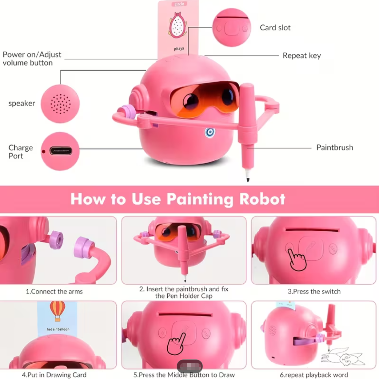 Smart Children's Drawing Robot, an automatic drawing robot toy and interactive educational painting machine. This intelligent robot is a fun educational toy, equipped with 100 cards, suitable for boys and girls aged 3 and above. It makes a perfect gift fo