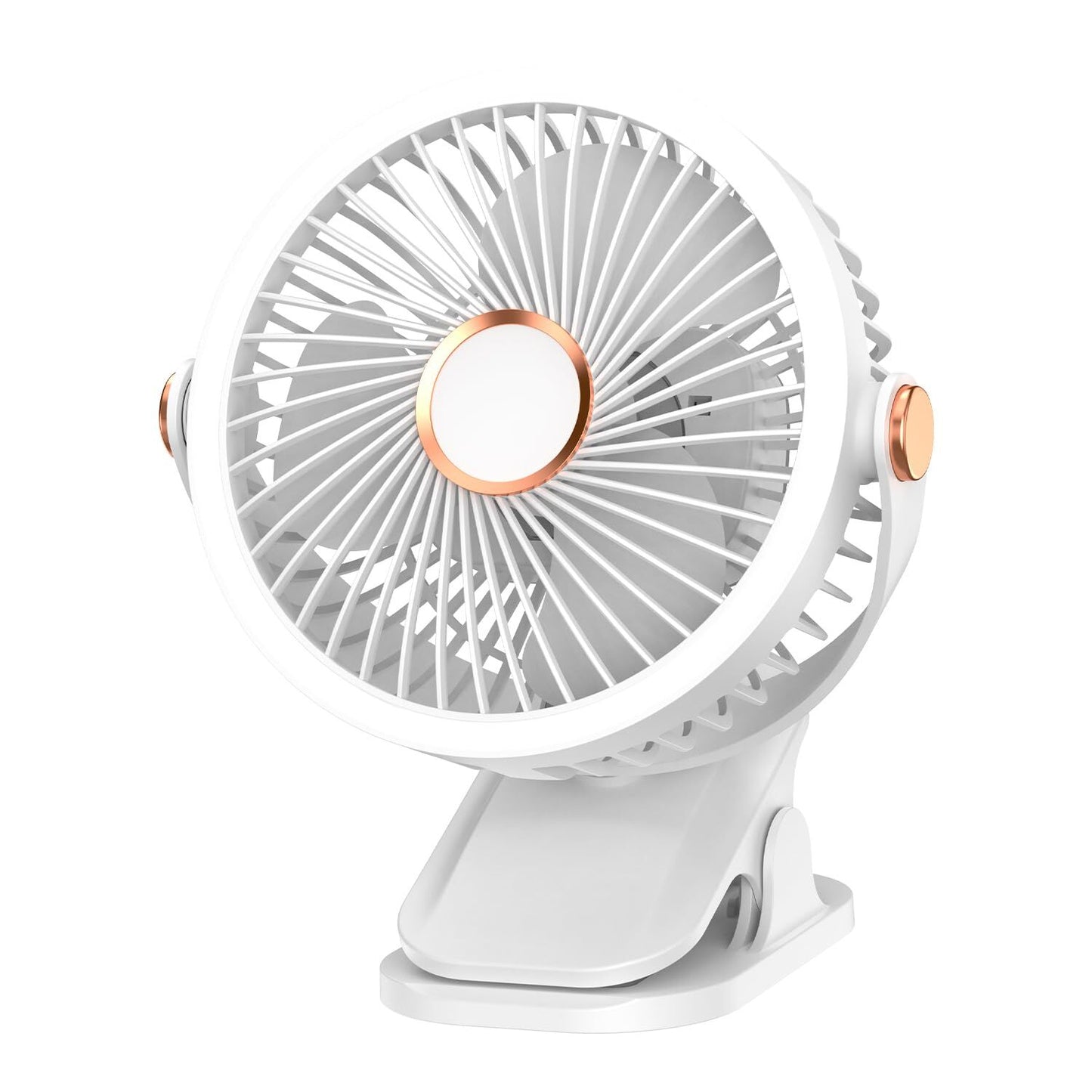 Mini Clip-on Fan with LED Light – USB Rechargeable, 360° Rotatable, 5-Speed Cooling for Desk, Bed, Camping & Travel (White)