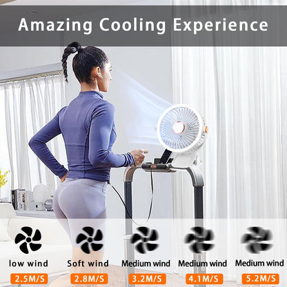 Mini Clip-on Fan with LED Light – USB Rechargeable, 360° Rotatable, 5-Speed Cooling for Desk, Bed, Camping & Travel (White)