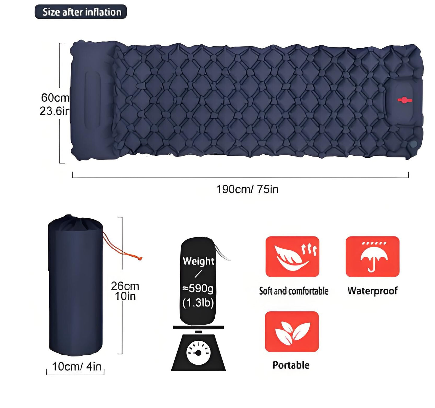 Ultralight Camping Sleeping Pad: Built-in Foot Pump, Integrated Pillow – Compact, Waterproof for Hiking/Backpacking (Dark Blue)