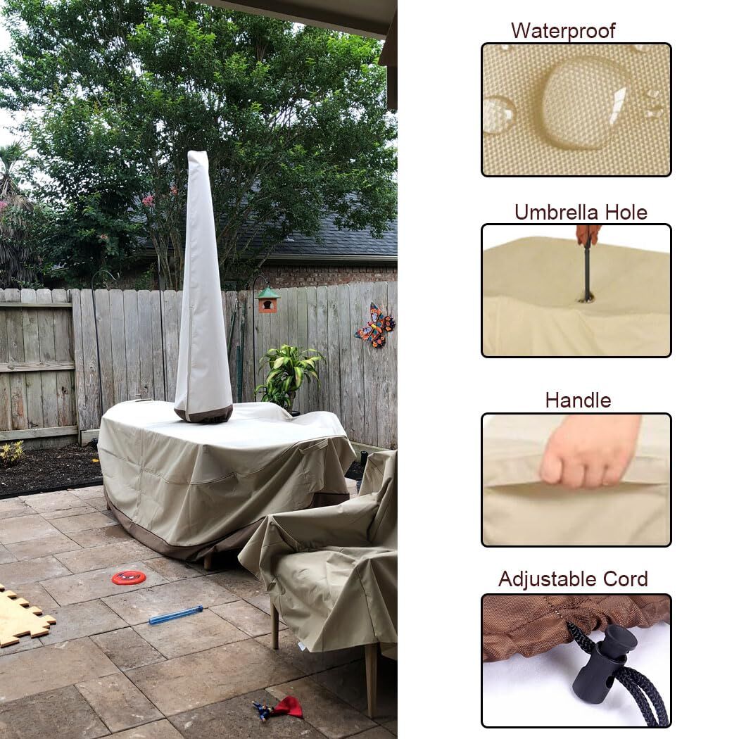 Patio Table & Chair Cover with Umbrella Hole: Water-Resistant Outdoor Furniture Cover for Rectangular/Oval Garden Sets (274x208x58 cm LxWxH)