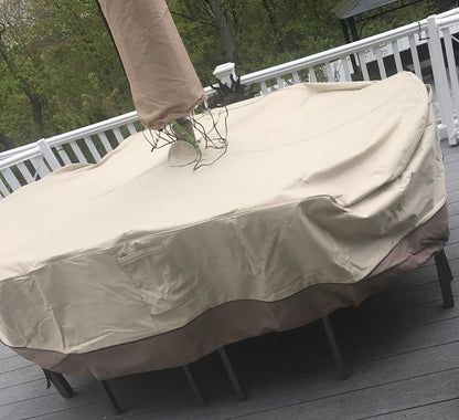 Patio Table & Chair Cover with Umbrella Hole: Water-Resistant Outdoor Furniture Cover for Rectangular/Oval Garden Sets (274x208x58 cm LxWxH)