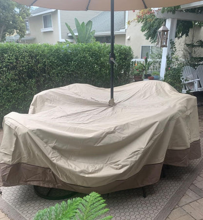 Patio Table & Chair Cover with Umbrella Hole: Water-Resistant Outdoor Furniture Cover for Rectangular/Oval Garden Sets (274x208x58 cm LxWxH)