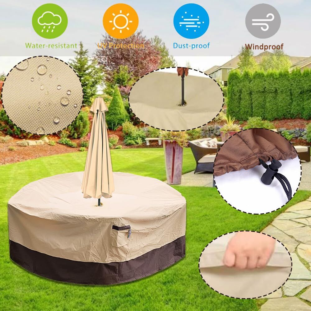 Round Patio Furniture Cover with Umbrella Hole: Waterproof 4-Season Protector for Garden, Balcony Table & Chair Sets(240x60 cm LxH)