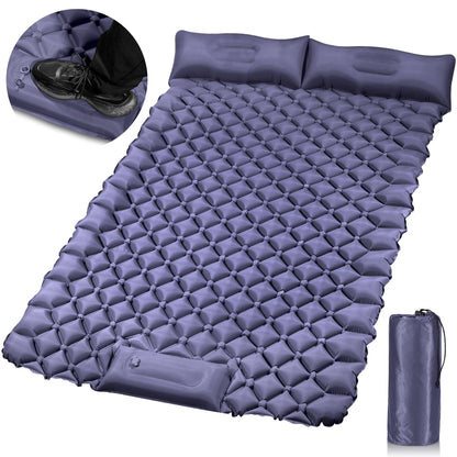 Double Camping Pad with Built-in Pillow: Foot Pump Inflatable Mattress for Tent/Backpacking – Ultralight, Foldable (Dark Blue)