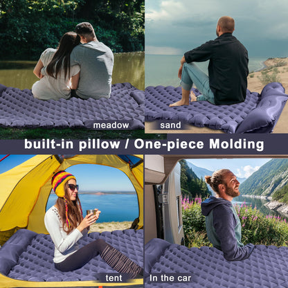Double Camping Pad with Built-in Pillow: Foot Pump Inflatable Mattress for Tent/Backpacking – Ultralight, Foldable (Dark Blue)