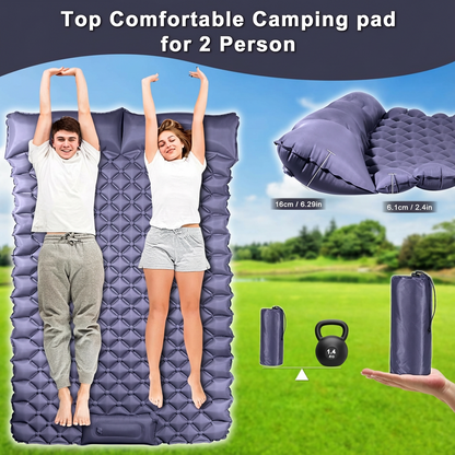 Double Camping Pad with Built-in Pillow: Foot Pump Inflatable Mattress for Tent/Backpacking – Ultralight, Foldable (Dark Blue)