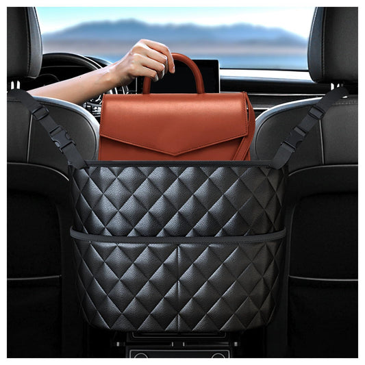 Car Seat Storage Bag: PU Leather Organizer with Hooks – Pet Barrier, Safe Driving Storage for Wallets/Phones (Black)