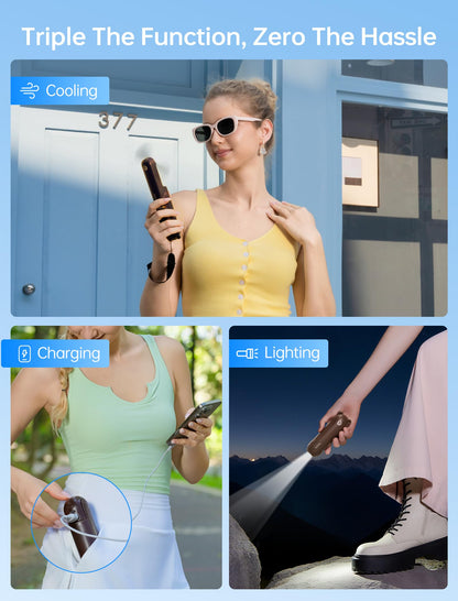 Handheld Mini Fan (Brown), 3-in-1 USB Rechargeable Portable Fan with Power Bank & Flashlight, Pocket Design for Travel & Summer