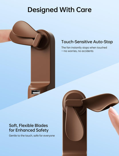 Handheld Mini Fan (Brown), 3-in-1 USB Rechargeable Portable Fan with Power Bank & Flashlight, Pocket Design for Travel & Summer