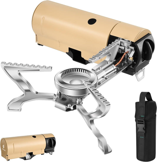 2500W Portable Camping Stove Foldable Butane Stove Indoor/Outdoor Cooking Suitable for Picnic, Backpacking Hiking, Adventure, Home, Travel, Outdoor Patio, RV Trip (Khaki)