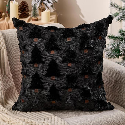 Christmas Pillow Covers 18x18 inch Set of 2 Black Christmas Decorations Soft Plush Faux Fur Wool Xmas Tree Throw Pillow Cases Winter Holiday Decor for Sofa Living Room 