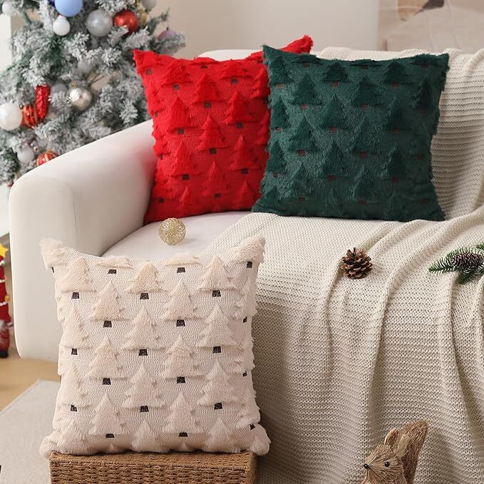 Christmas Pillow Covers 18x18 inch Set of 2 Black Christmas Decorations Soft Plush Faux Fur Wool Xmas Tree Throw Pillow Cases Winter Holiday Decor for Sofa Living Room 
