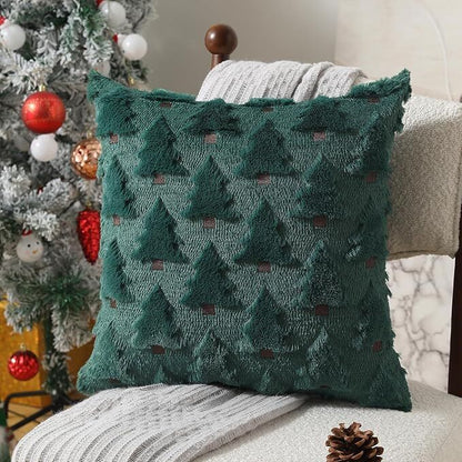 Christmas Pillow Covers 18x18 inch Set of 2 Black Christmas Decorations Soft Plush Faux Fur Wool Xmas Tree Throw Pillow Cases Winter Holiday Decor for Sofa Living Room 