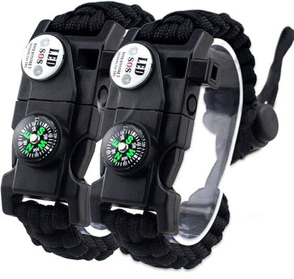 21 in 1 Survival Bracelet, Paracord Emergency Outdoor Sports Wristband Kit Waterproof Compass, SOS LED Light, Thermometer, Rescue Whistle, Fire Starter. Multi 21 Tools (Black 2 Pc)