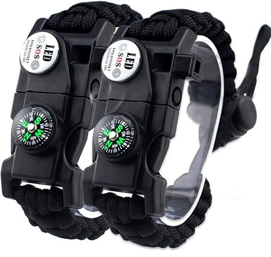 21 in 1 Survival Bracelet, Paracord Emergency Outdoor Sports Wristband Kit Waterproof Compass, SOS LED Light, Thermometer, Rescue Whistle, Fire Starter. Multi 21 Tools (Black 2 Pc)