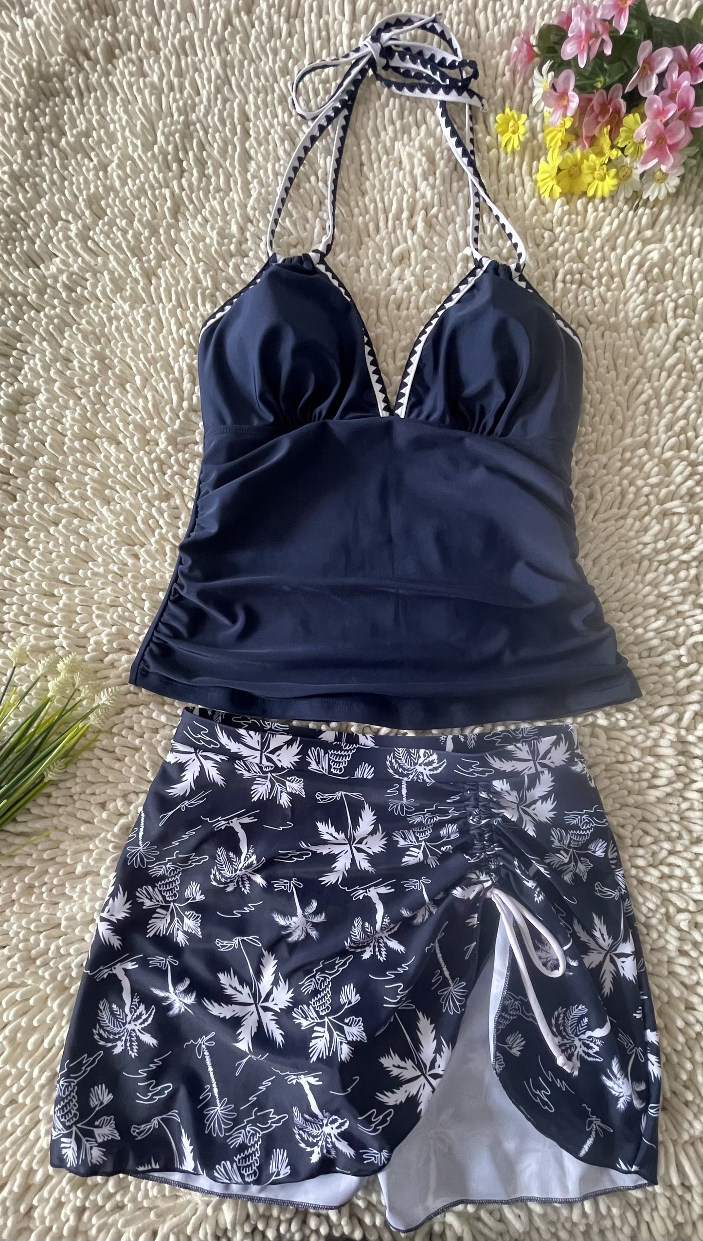 2026 New Sexy Deep V Two Piece Tankini Floral Printed Split Swimsuit Size M