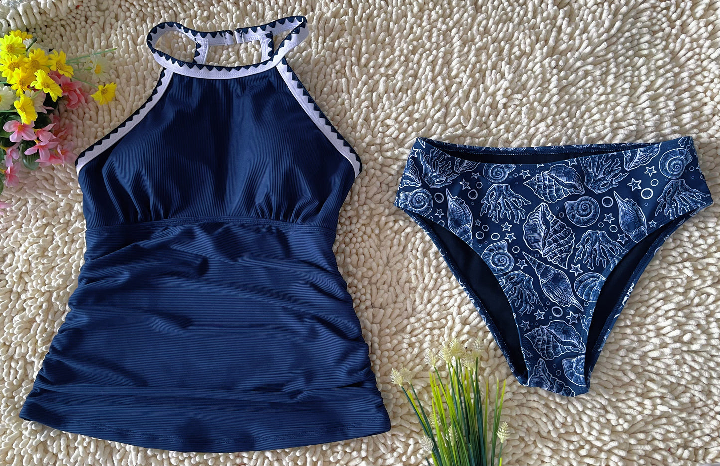 Spot Eco-friendly Fabric Navy Round Neck Swimsuit Sexy Tankini Size M