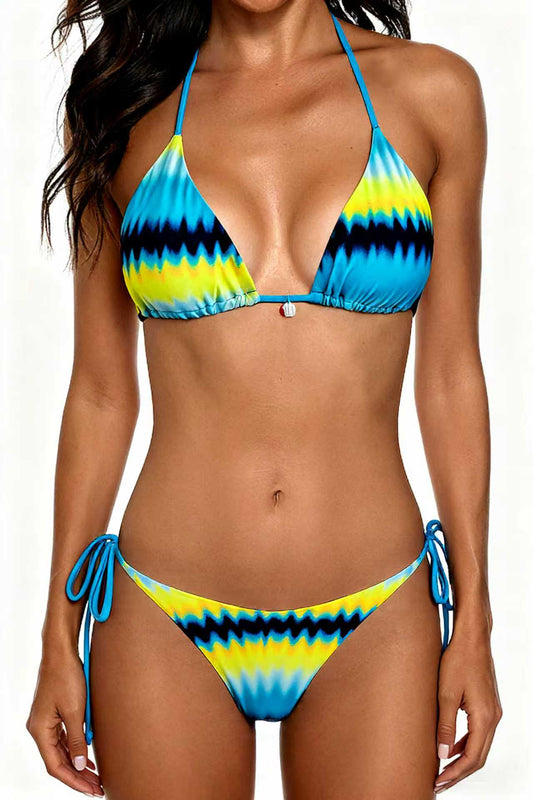 2026 New Bikini Yellow and Blue Color Clash Design Swimsuit Wave Pattern Print Eco-friendly Fabric Size M