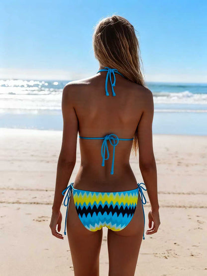2026 New Bikini Yellow and Blue Color Clash Design Swimsuit Wave Pattern Print Eco-friendly Fabric Size M