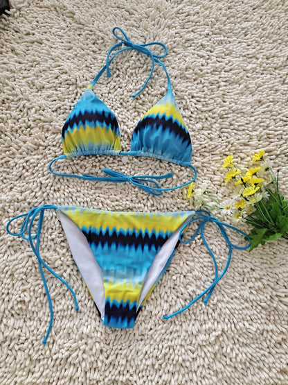 2026 New Bikini Yellow and Blue Color Clash Design Swimsuit Wave Pattern Print Eco-friendly Fabric Size M