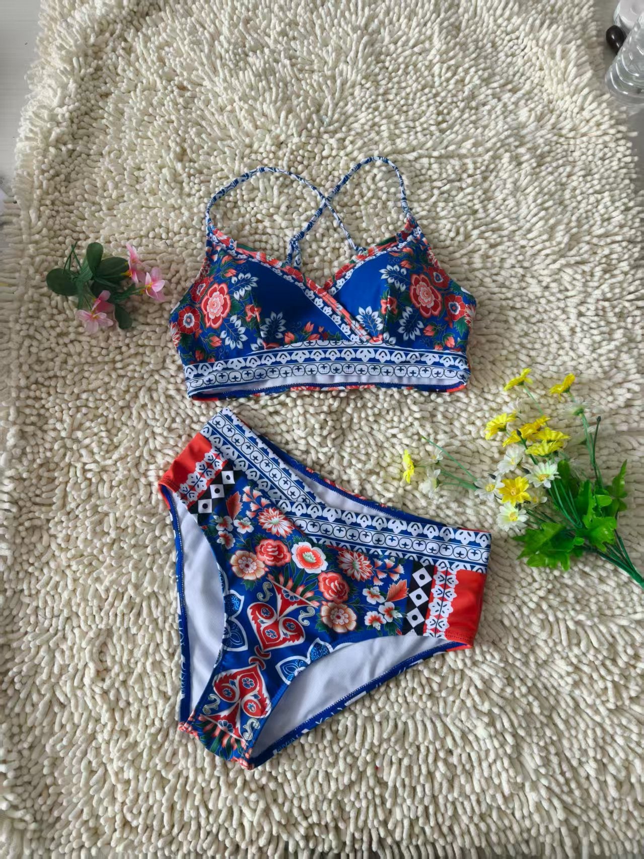 Crossover Design Backless Underwear Comfort Swimwear Printed Deep V Bikini Size S