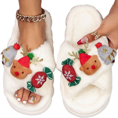 Christmas Cartoon Plush Slippers, Unisex Lightweight Thick-Soled Anti-Slip Fuzzy Slippers for Couples & Family(white)