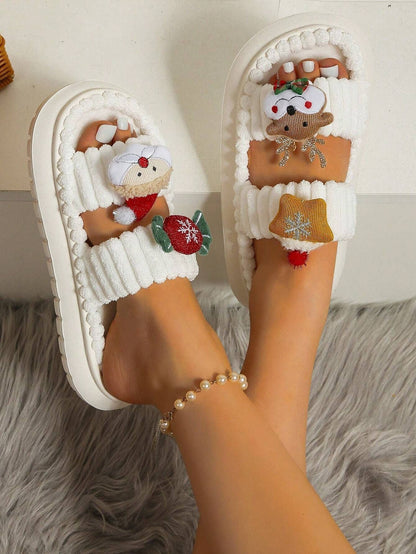 Christmas Cartoon Plush Slippers, Unisex Lightweight Thick-Soled Anti-Slip Fuzzy Slippers for Couples & Family(white)