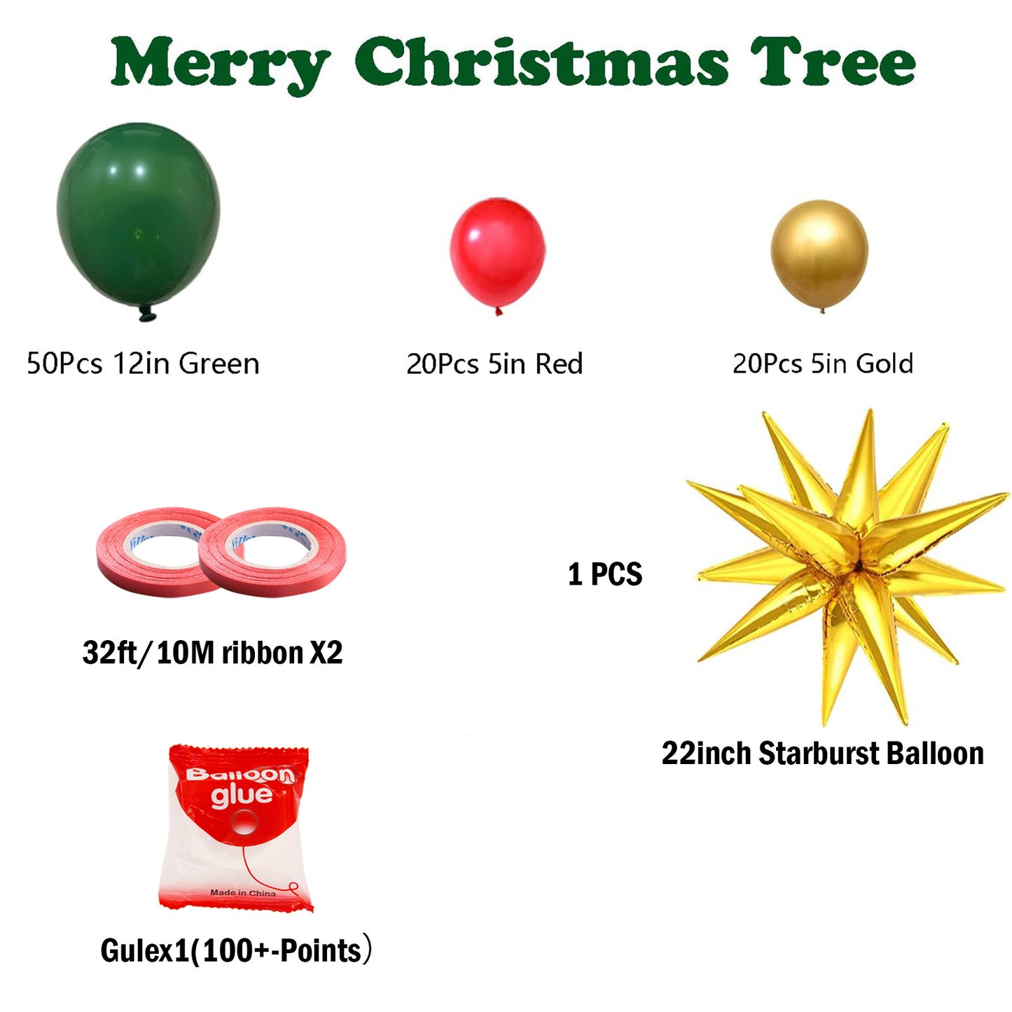 Christmas Balloon Tree Decor Kit - Latex & Foil Balloons Set with Star Topper--94PCs