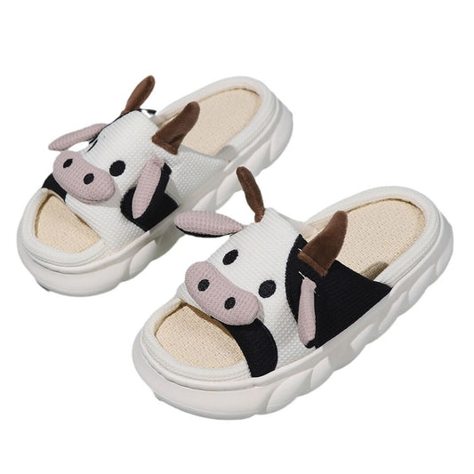 Unisex Cow Cartoon Linen Slippers: EVA Thick Sole Non-Slip Beach Sandals for Couples & Parent-Child, 7 Styles(white)