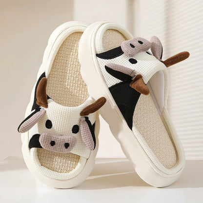 Unisex Cow Cartoon Linen Slippers: EVA Thick Sole Non-Slip Beach Sandals for Couples & Parent-Child, 7 Styles(white)