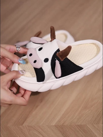 Unisex Cow Cartoon Linen Slippers: EVA Thick Sole Non-Slip Beach Sandals for Couples & Parent-Child, 7 Styles(white)