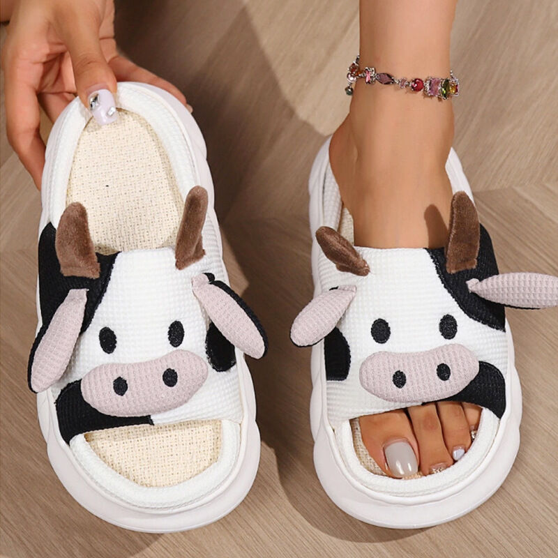 Unisex Cow Cartoon Linen Slippers: EVA Thick Sole Non-Slip Beach Sandals for Couples & Parent-Child, 7 Styles(white)