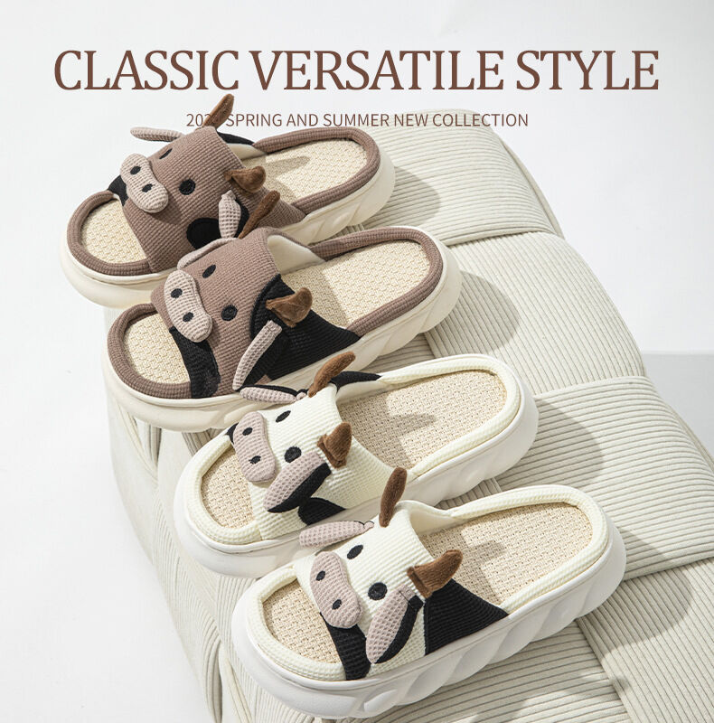 Unisex Cow Cartoon Linen Slippers: EVA Thick Sole Non-Slip Beach Sandals for Couples & Parent-Child, 7 Styles(white)