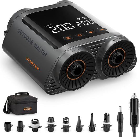 OutdoorMaster Vortex Paddle Board Pump Electric Portable, Max 20PSI SUP Air Pump Inflator & Deflator, 12V/15.8V DC Input, Auto Off & Cooling, 8 Nozzles Pump for Paddle Board, Inflatables - No Battery