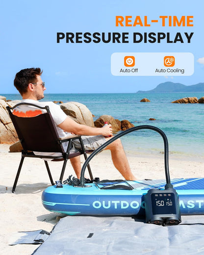 OutdoorMaster Vortex Paddle Board Pump Electric Portable, Max 20PSI SUP Air Pump Inflator & Deflator, 12V/15.8V DC Input, Auto Off & Cooling, 8 Nozzles Pump for Paddle Board, Inflatables - No Battery