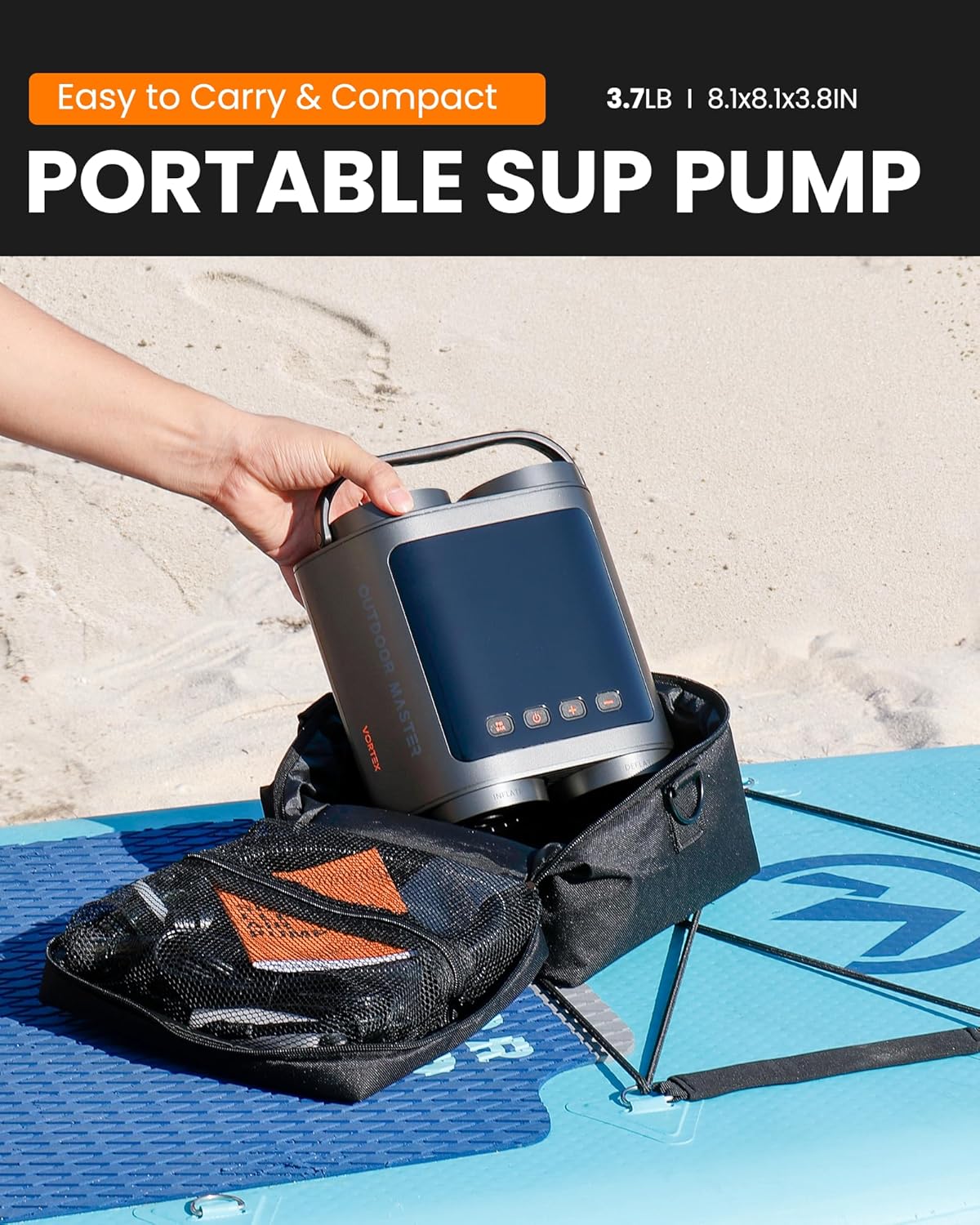 OutdoorMaster Vortex Paddle Board Pump Electric Portable, Max 20PSI SUP Air Pump Inflator & Deflator, 12V/15.8V DC Input, Auto Off & Cooling, 8 Nozzles Pump for Paddle Board, Inflatables - No Battery