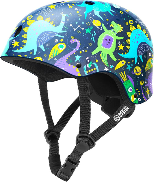 OutdoorMaster Youth & Kids Bike Helmet - Adjustable Multi-Sports Skateboard Helmet with Removable Liners for Balance Bike, Kids Scooter, One Wheel Hoverboard,Graffiti-style helmet-Dinoverse Madness-Small
