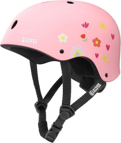 OutdoorMaster Youth & Kids Bike Helmet - Adjustable Multi-Sports Skateboard Helmet with Removable Liners for Balance Bike, Kids Scooter, One Wheel Hoverboard-Pink Flower-Small
