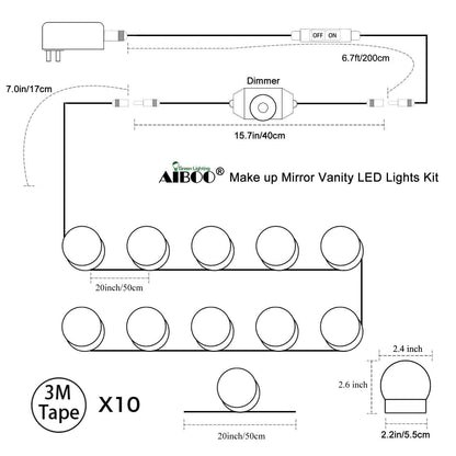 Hollywood Super Star Style Makeup Mirror Vanity LED Light Bulbs Kit for Dressing Table Dimmable & Plug in, Linkable and Flexible Strip, Mirror Not Included