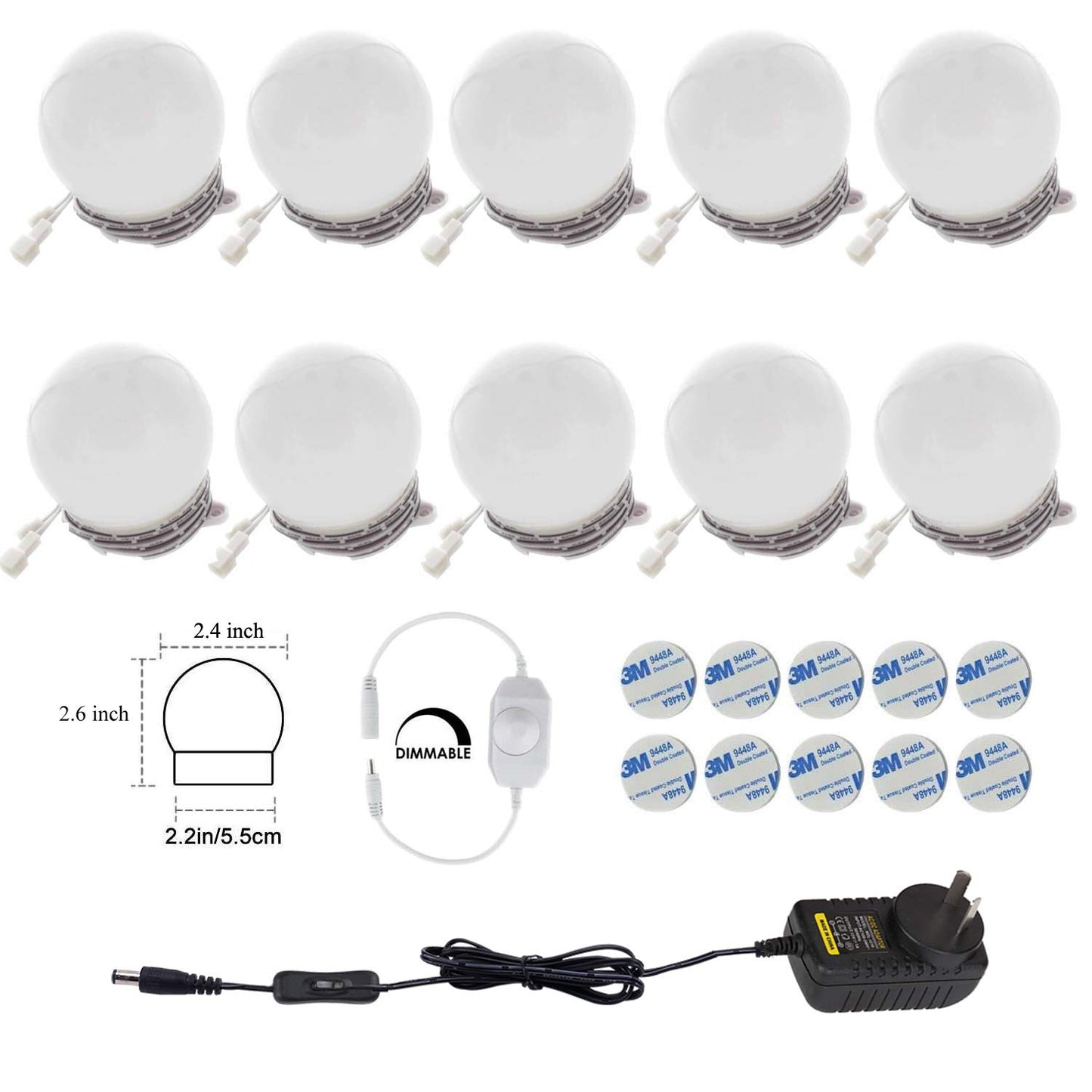 Hollywood Super Star Style Makeup Mirror Vanity LED Light Bulbs Kit for Dressing Table Dimmable & Plug in, Linkable and Flexible Strip, Mirror Not Included