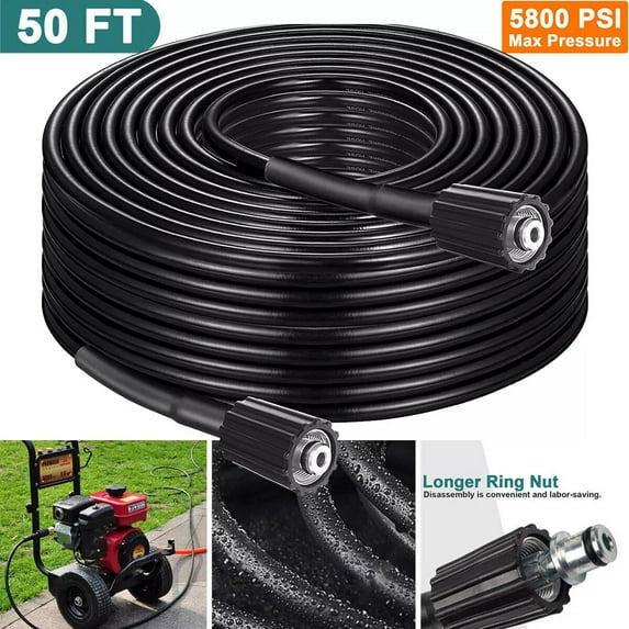 15M (50FT) High-Pressure Washer Hose - 5800 PSI Heavy-Duty Cleaning Hose with Longer Ring Nut
