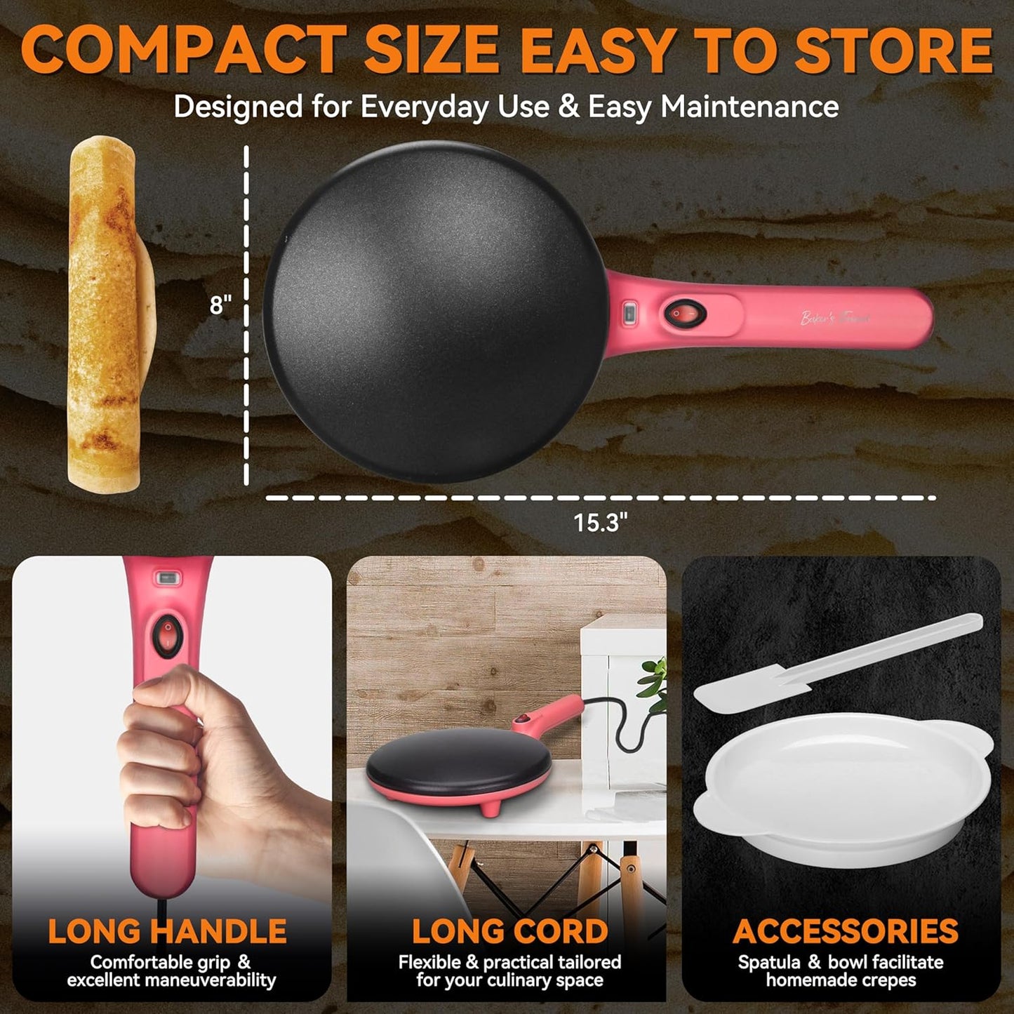 Electric Crepe Maker, 8-Inch Portable Nonstick Crepe Machine with Handle, Compact Household Pancake & Tortilla Maker for Eggs, Crepes, Blintzes, and Wraps