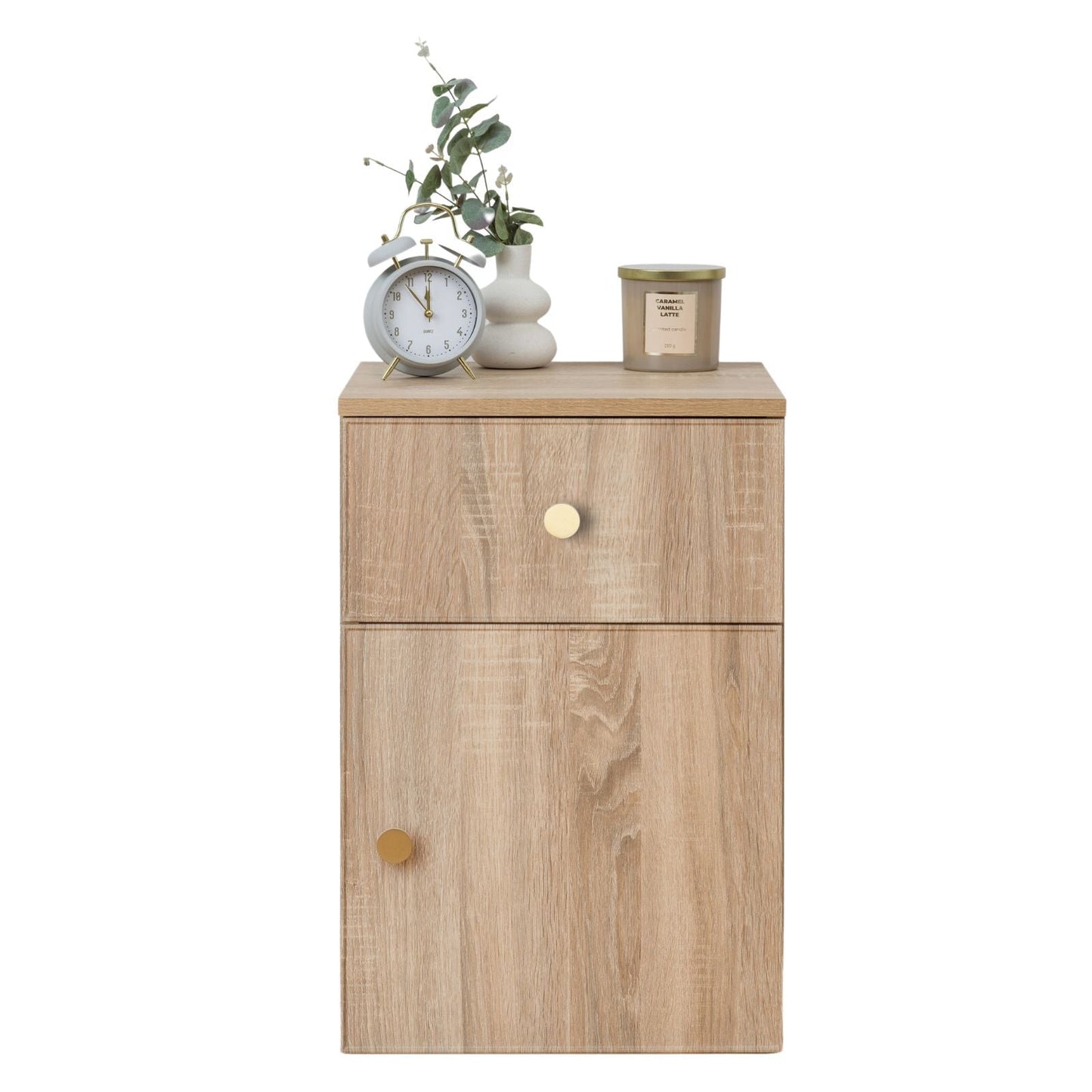 PORTO BEDSIDE TABLE - NATURAL OAK - SLIM - ROUND BRASS